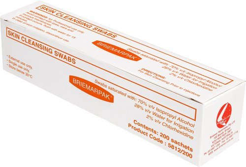 BRIEMAR NOMINEES AC5812-200 Skin Cleansing Swabs 70% IPA & 2% Chlorhexidine Box of 200