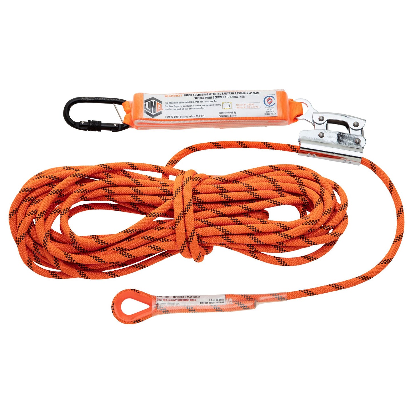LINQ Height Safety Rope Kermantle 20m C/W Rope Grab & Perm Attach Shocky With Screwgate Karabiner