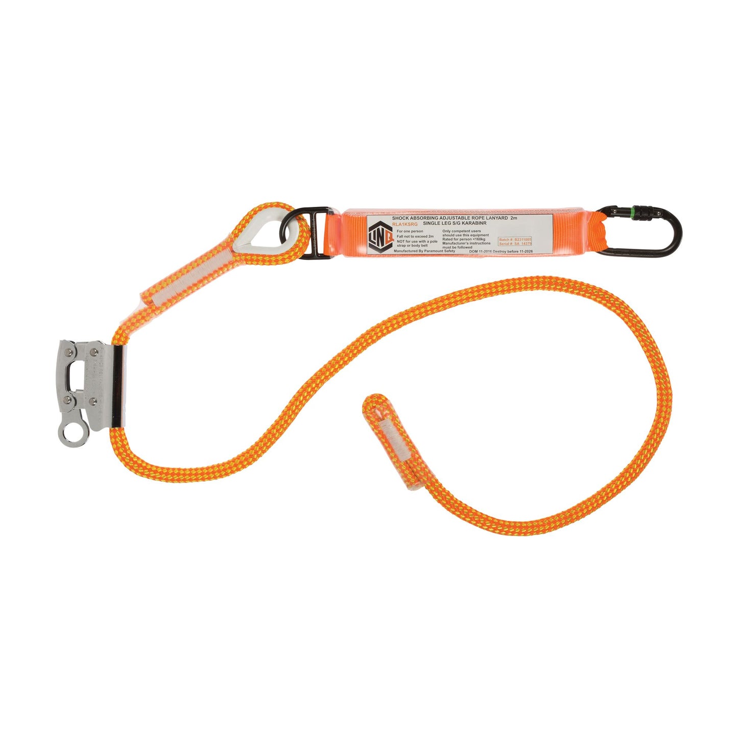 LINQ Height Safety Single Leg 2M Shock Absorb Adjustable Rope Lanyard With Hardware KS & RG