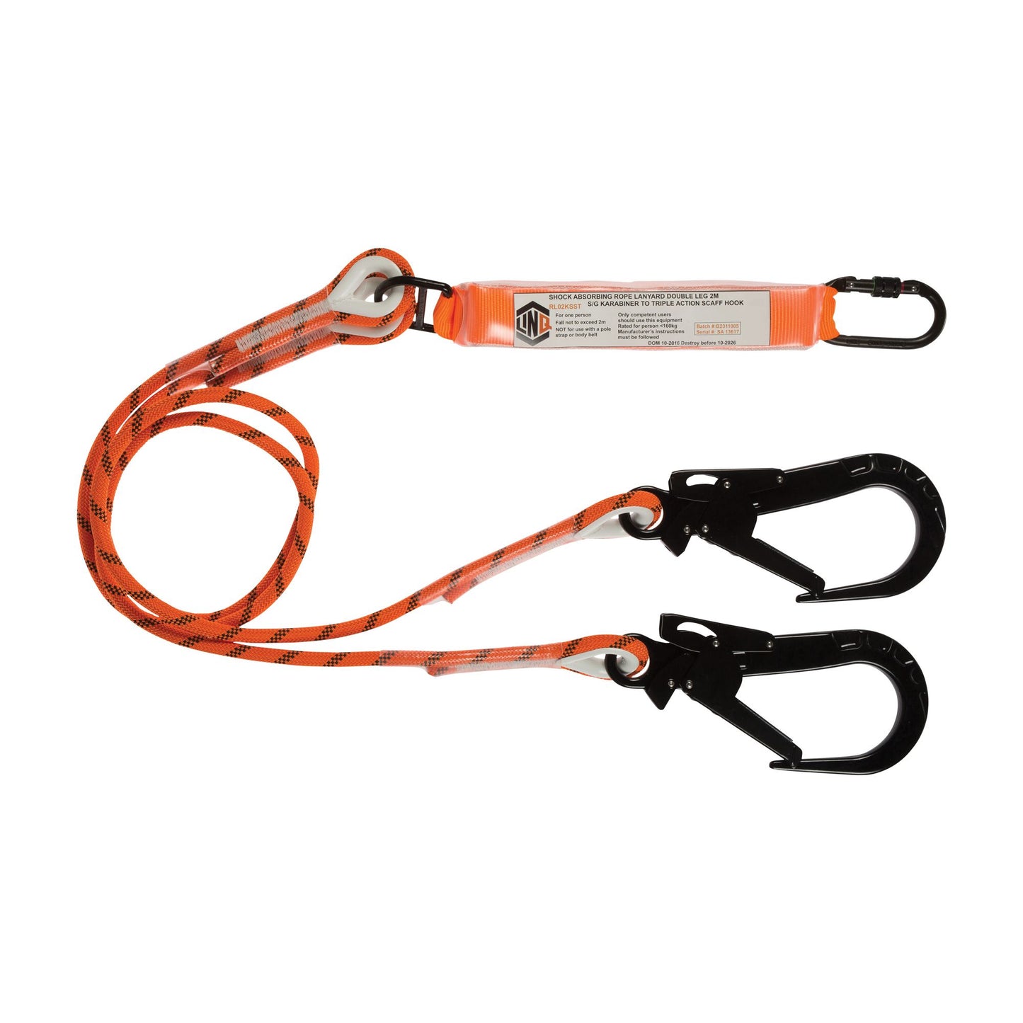 LINQ Height Safety Double Leg Kernmantle 2m Shock Absorb Rope Lanyard with Hardware KS & ST