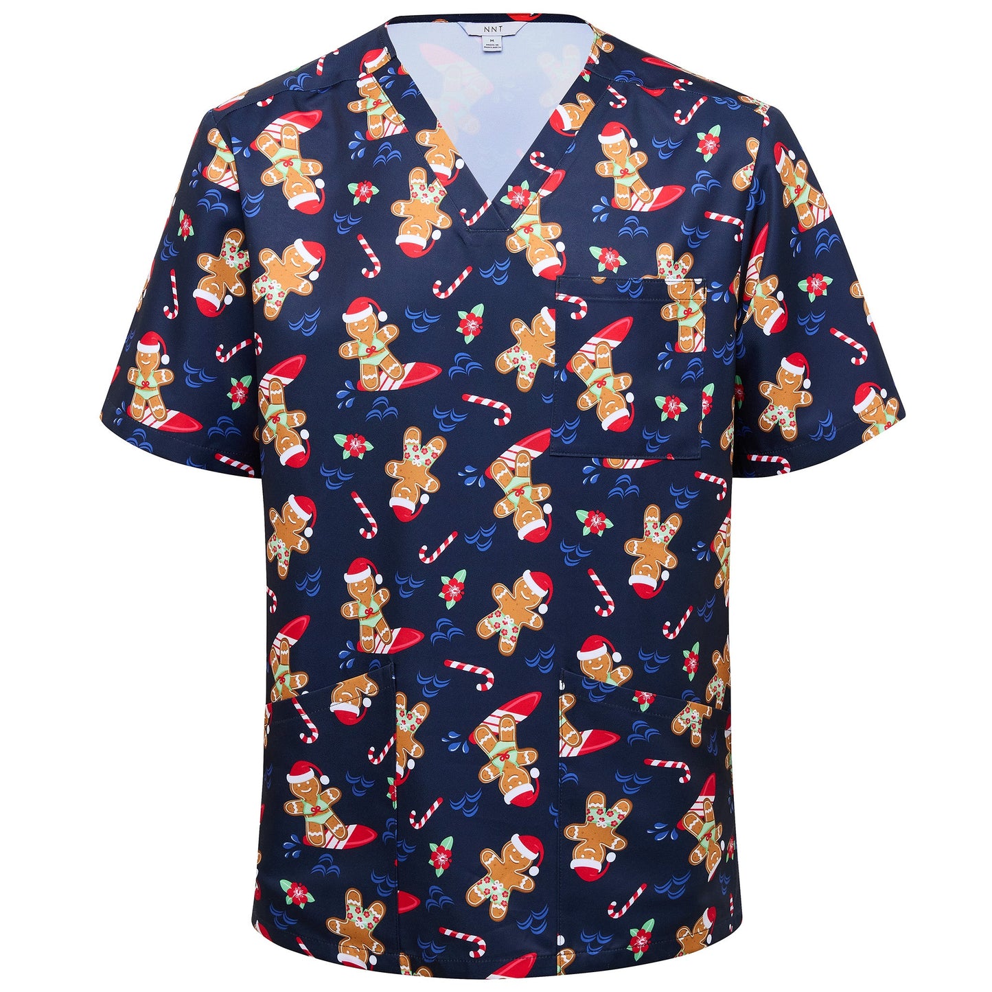 NNT CATRST Xmas Gingerbread Surfer Print Scrub Top