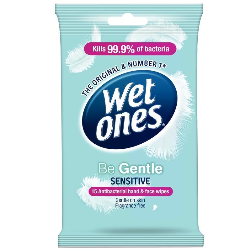 WET ONES 008028 Be Gentle Antibacterial Wipes Soft Pack of 15