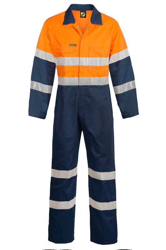Workcraft WC3056L Mens Hi Vis Cotton Drill Reflective Industrial Laundry Coveralls Long in Orange/Navy