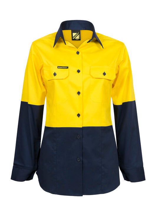Workcraft WSL502 Ladies Lightweight Hi Vis Long Sleeve Vented Cotton Drill Shirt in Yellow/Navy