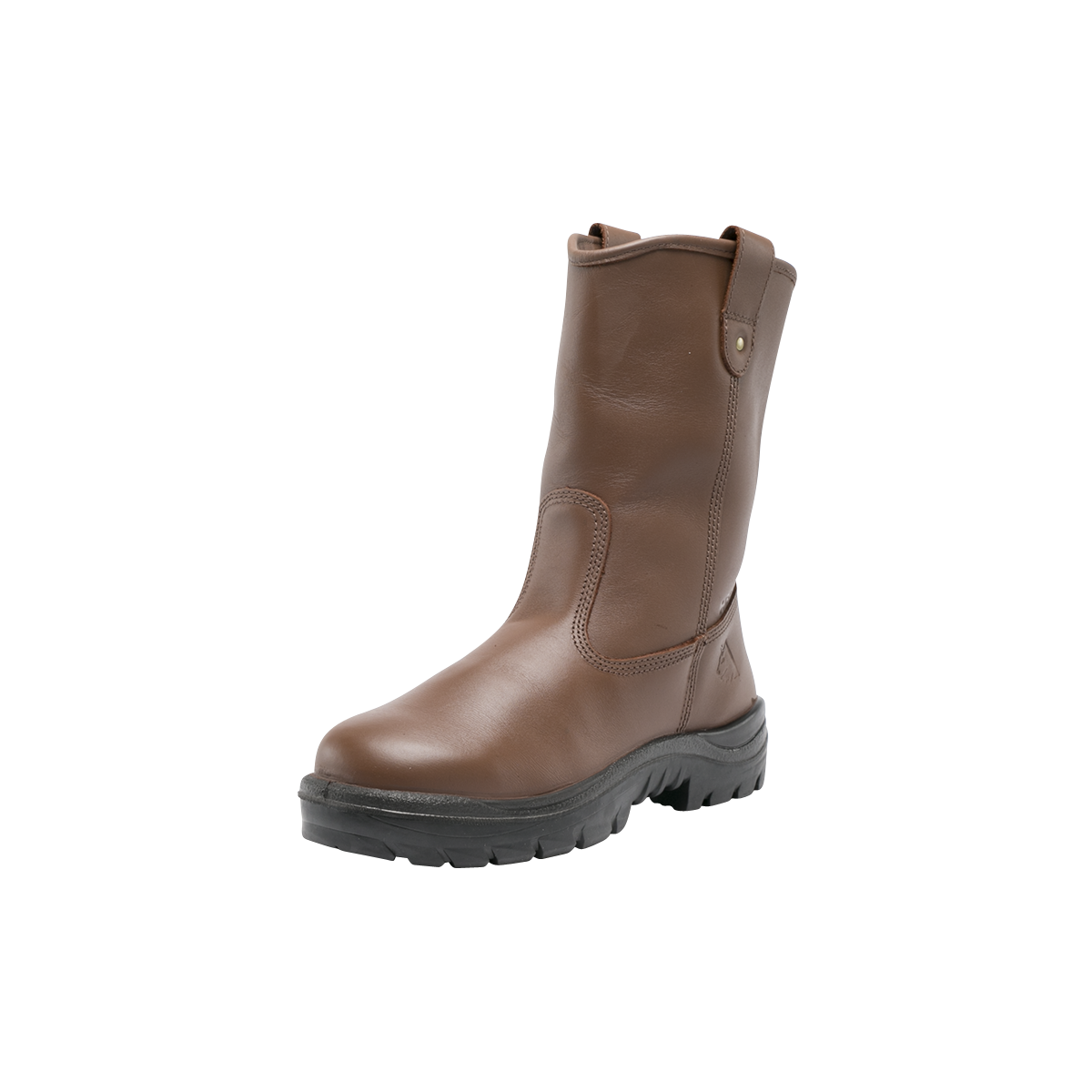 Brown leather boot with black sole on a white background