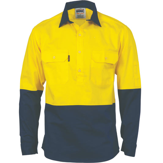 3834 HiVis Two Tone Close Front Cotton Drill Shirt - long sleeve Gusset Sleeve