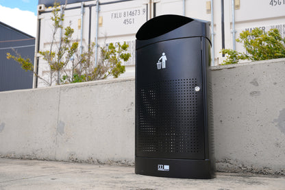 Outdoor Waste Bin - Rain Top 55lt - Powder Coated Black with Timber Slats