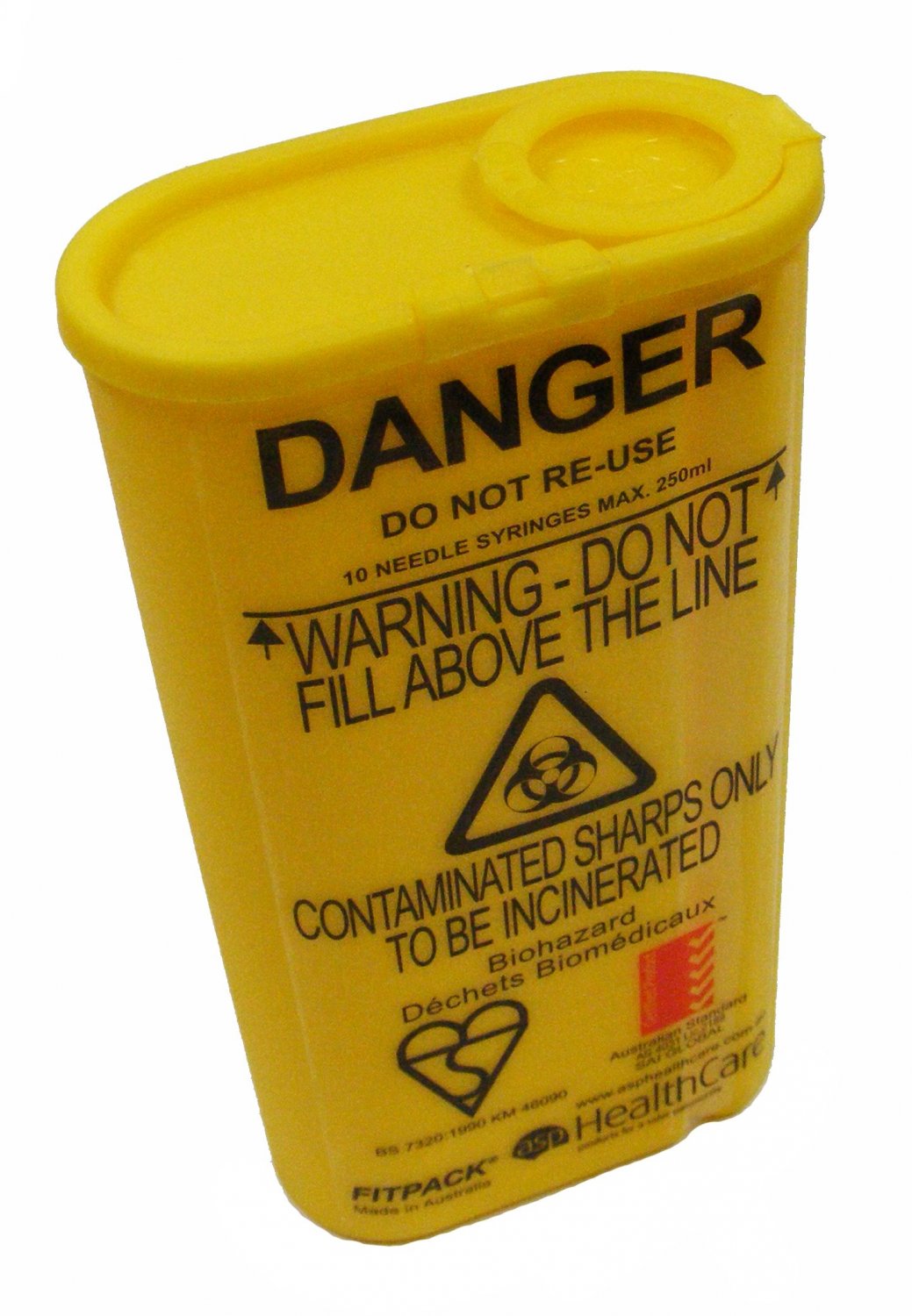 ASP HEALTHCARE ASP-DS003YL Sharps Container Fitpack Push Cap Labelled Yellow 250mL