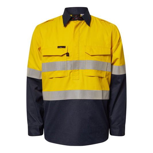 Flamebuster FSV015A Mens HRC2 Inherent Hi Vis Reflective Shirt With Gusset Sleeves in Yellow/Navy