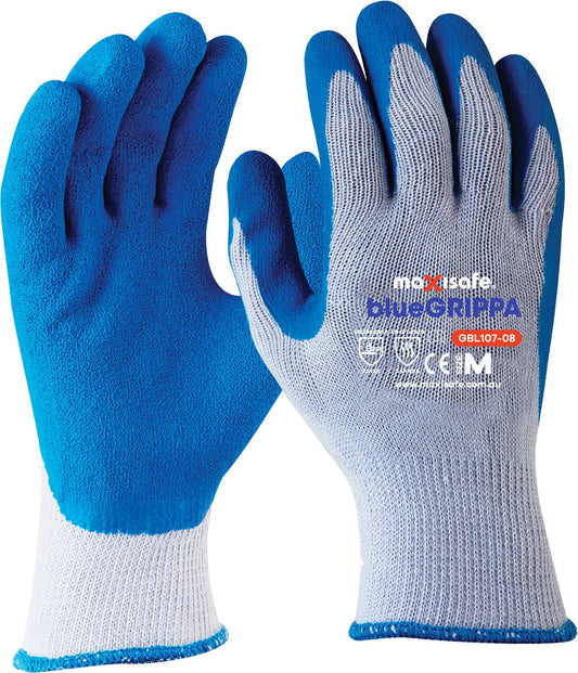 Maxisafe GBL107 Blue Grippa Glove - Knitted Poly Cotton, Blue Latex Dipped Palm