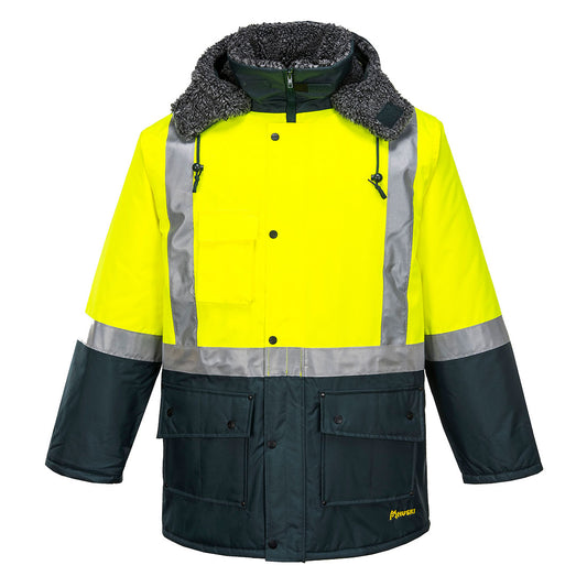 Portwest Huski Hi-Vis Contrast Freezer Jacket in Yellow/Forest Green