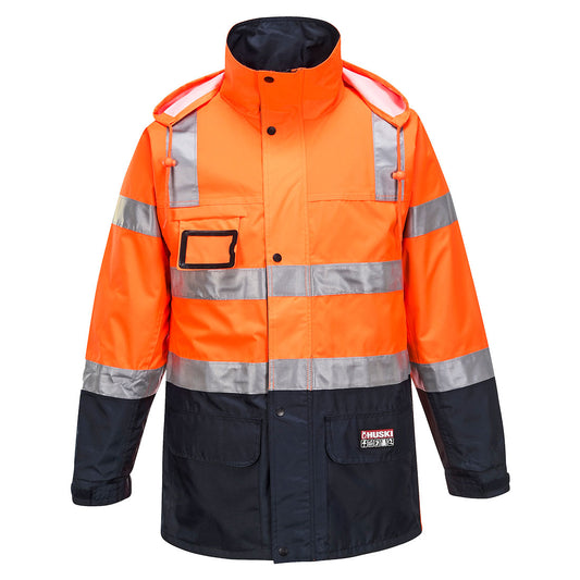Portwest Huski Transit Hi-Vis Rain Jacket in Orange/Navy