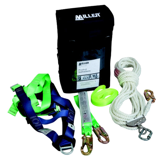 Miller Roof Workers Back Pack Kit contains M1020063 Construction Harness, 15M Polyester anchorage line with type 1 fall arrestor and webbing tie off