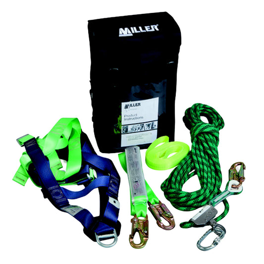 Miller Roof Workers Back-Pack Kit contains M1020063 Construction Harness, 15M Kernmantle rope anchorage linew/Type 1 fall arrestor, lanyard, Webbing Tie Off & 501 Karabiner