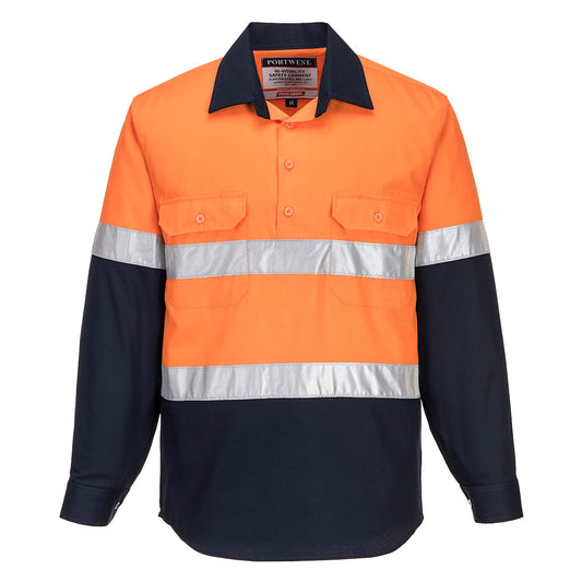 Portwest Hobart Hi-Vis Contrast 1/2 Button Shirt L/S in Orange/Navy