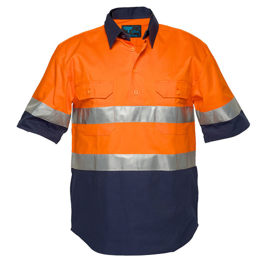 Portwest Hi-Vis Two Tone Regular Weight Short Sleeve Closed Front Shirt with Tape in Orange/Navy