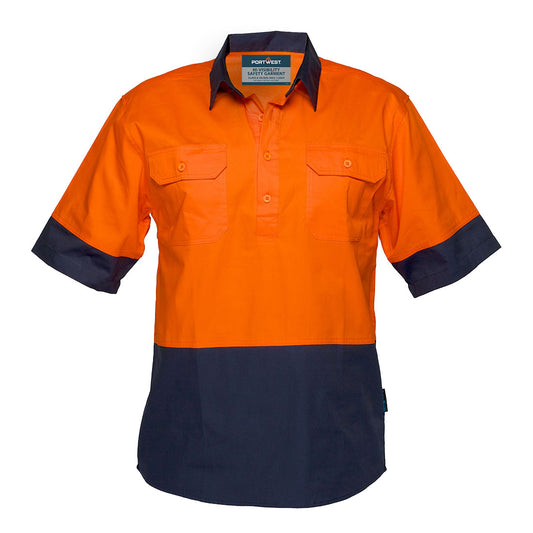 Portwest Canberra Hi-Vis Lightweight Contrast 1/2 Button Class D Shirt S/S in Orange/Navy