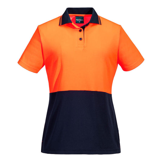 Portwest Hi-Vis Women's Cotton Comfort Contrast Class D Polo Shirt S/S in Orange/Navy