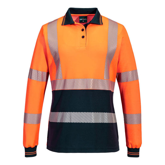 Portwest Hi-Vis Women's Cotton Comfort Polo Shirt L/S in Orange/Navy