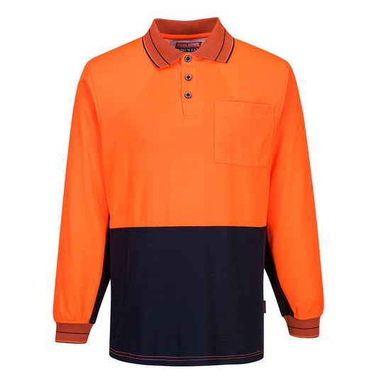 Portwest Hi-Vis Cotton Comfort Contrast Class D Polo Shirt L/S in Orange/Navy
