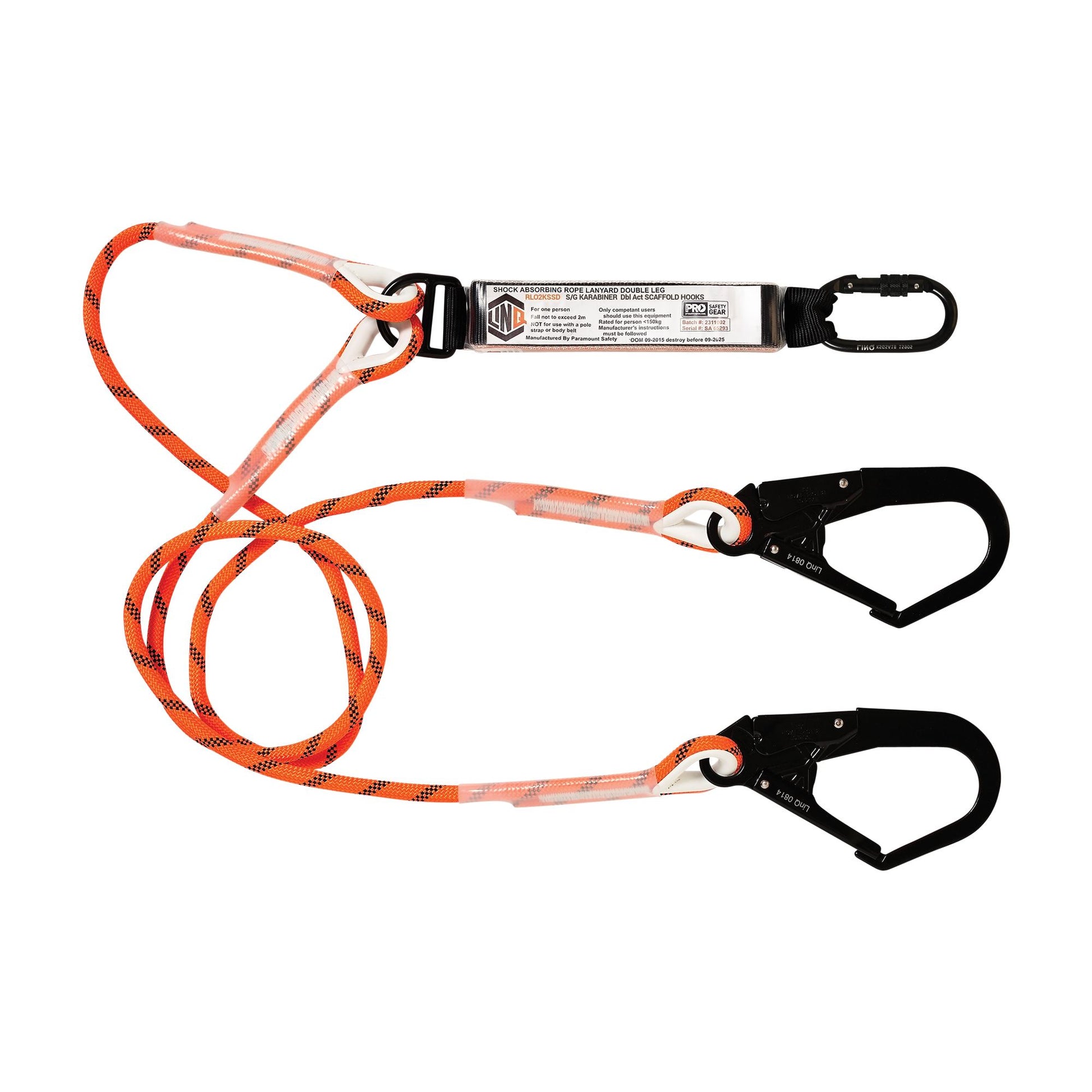 LINQ Height Safety Double Leg Kernmantle 2m Shock Absorb Rope Lanyard with Hardware KS & SD