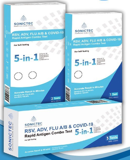 Max Global Products ST-FIV2PK Test: Sonictec Nasal 5 in 1 Rsv / Adv / Flu A/b / COVID-19 Self Test Kit 2 Pack