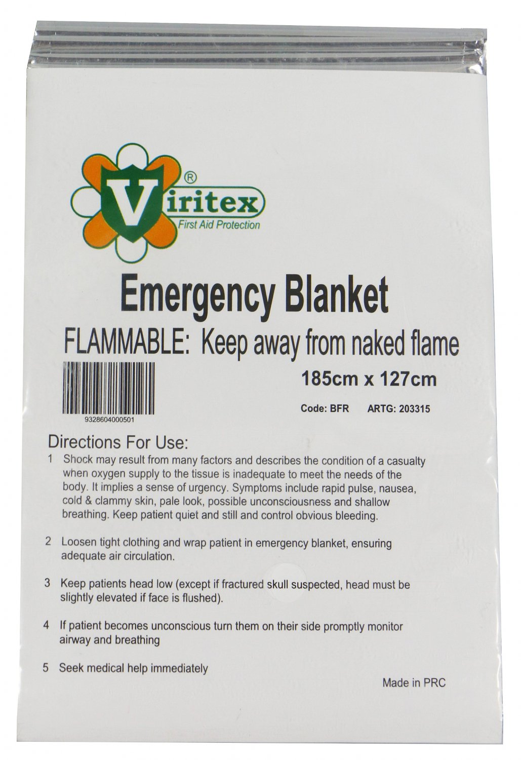 VIRITEX BFR Blanket Emergency Foil Thermal Viritex 1.8m x 1.27m