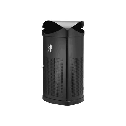 Outdoor Waste Bin - Rain Top 55lt - Powder Coated Black with Timber Slats