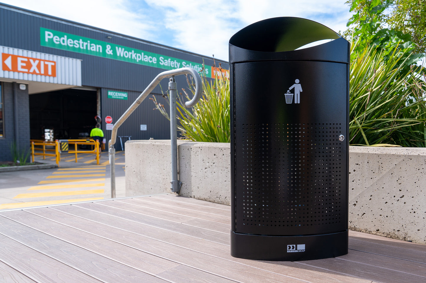 Outdoor Waste Bin - Rain Top 55lt - Powder Coated Black with Timber Slats