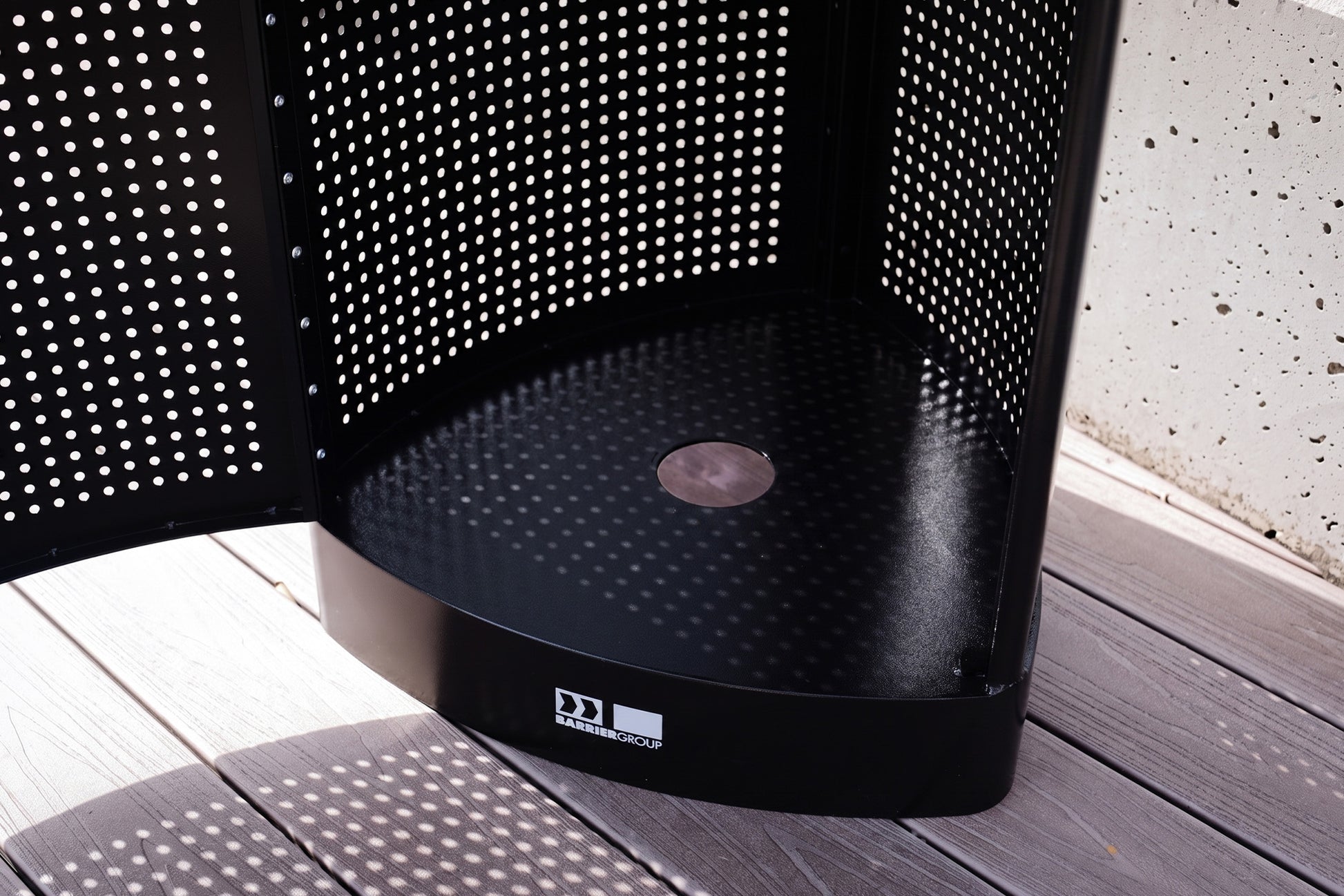 Outdoor Waste Bin - Rain Top 55lt - Powder Coated Black with Timber Slats