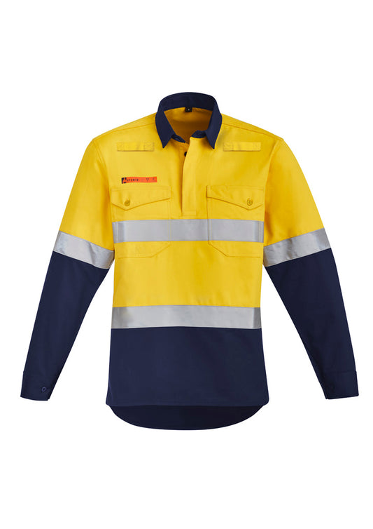 Syzmik Men's Orange Flame Hi Vis Closed Front Shirt - Hoop Taped - Yellow/Navy