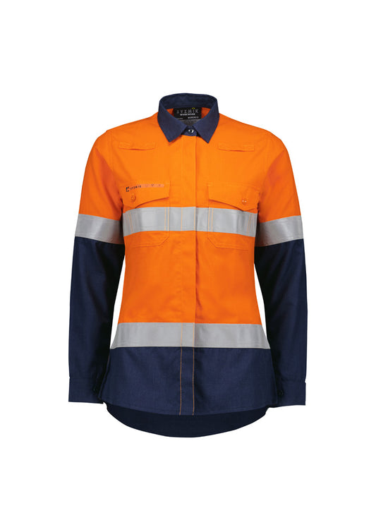 Syzmik Women's Orange Flame Lightweight Ripstop Taped Shirt - Orange/Navy