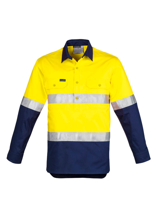 Syzmik Men's Closed Front Long Sleeve Shirt - Hoop Taped - Yellow/Navy