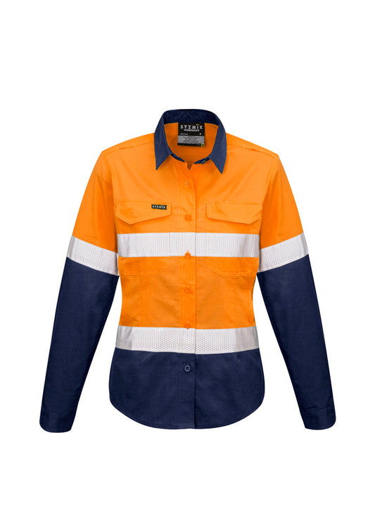 Syzmik Women's Rugged Cooling Hi Vis Taped Long Sleeve Shirt - Orange/Navy