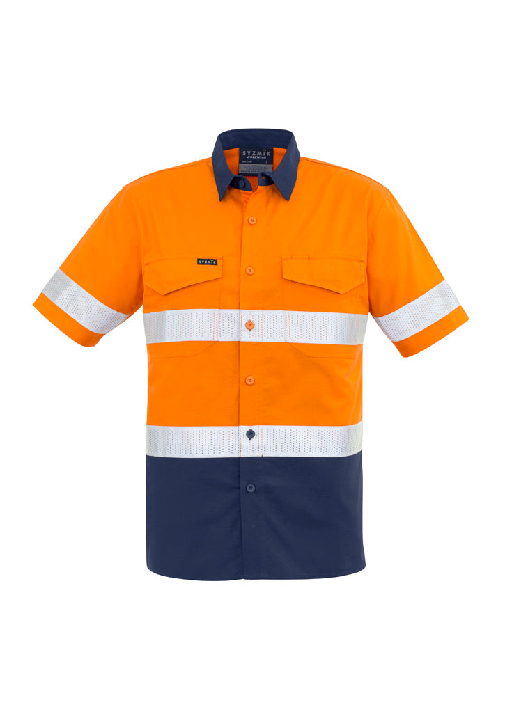 Syzmik Men's Rugged Cooling Hi Vis Taped Short Sleeve Shirt - Orange/Navy