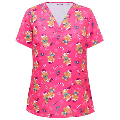 NNT CATUXV Xmas Gingerbread Surfer Print Scrub Top