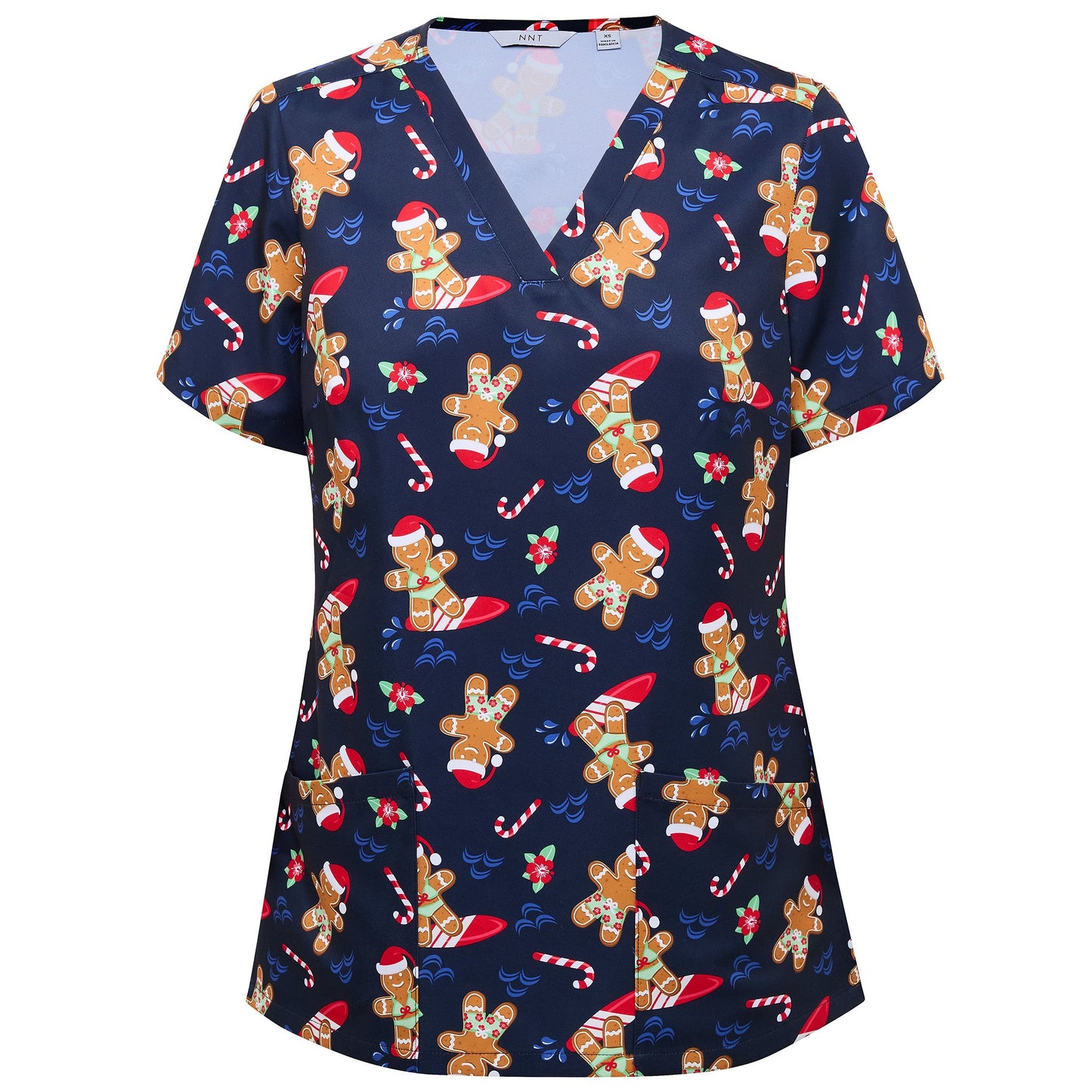 NNT CATUXV Xmas Gingerbread Surfer Print Scrub Top