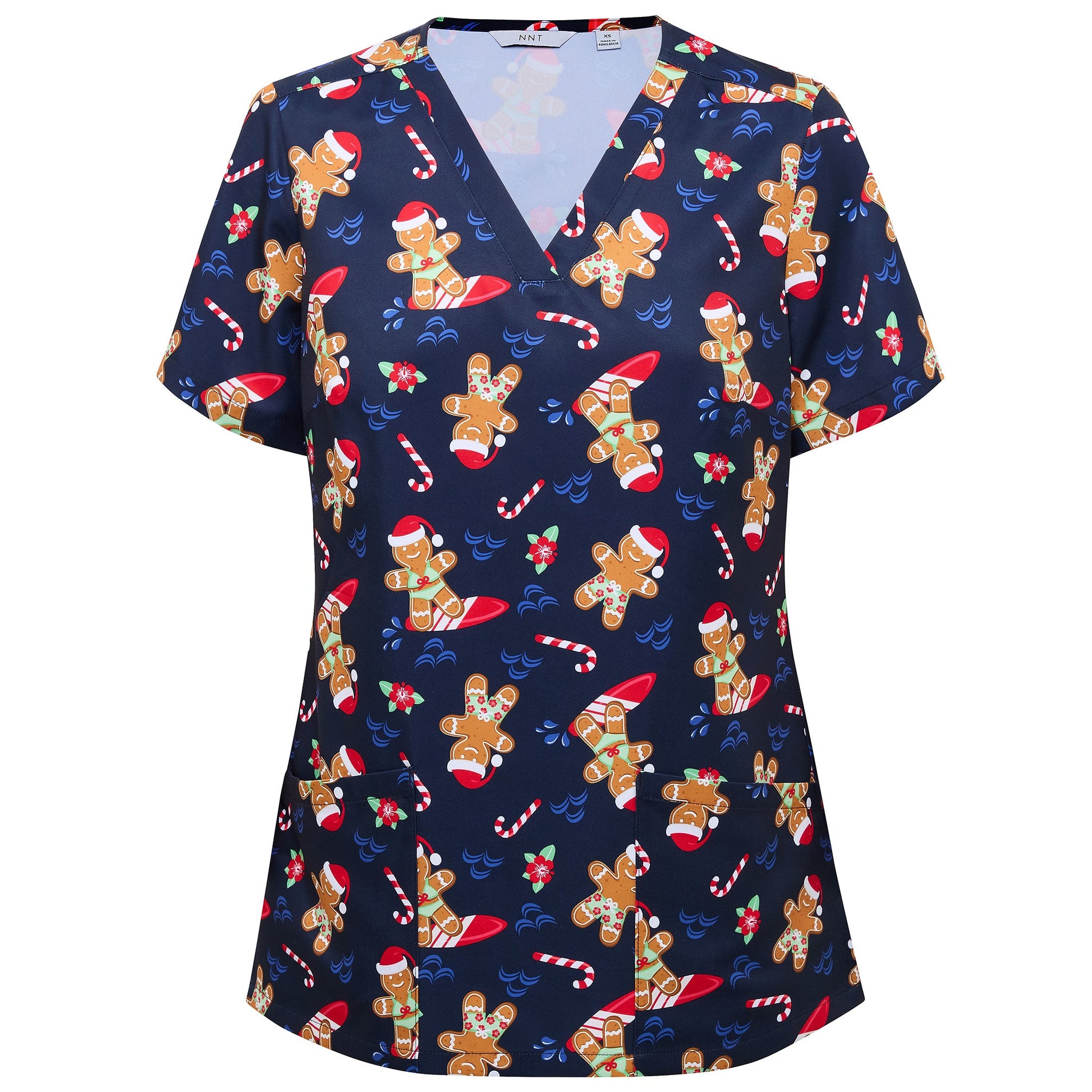 NNT CATUXV Xmas Gingerbread Surfer Print Scrub Top
