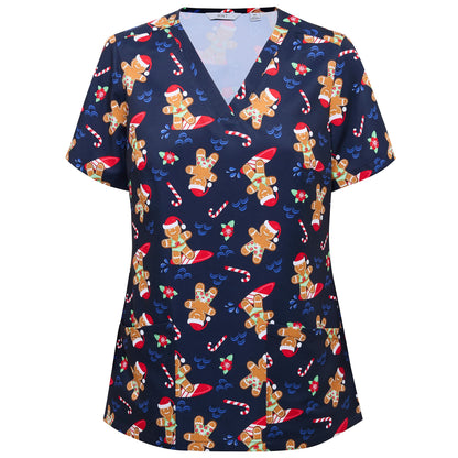 NNT CATUXV Xmas Gingerbread Surfer Print Scrub Top