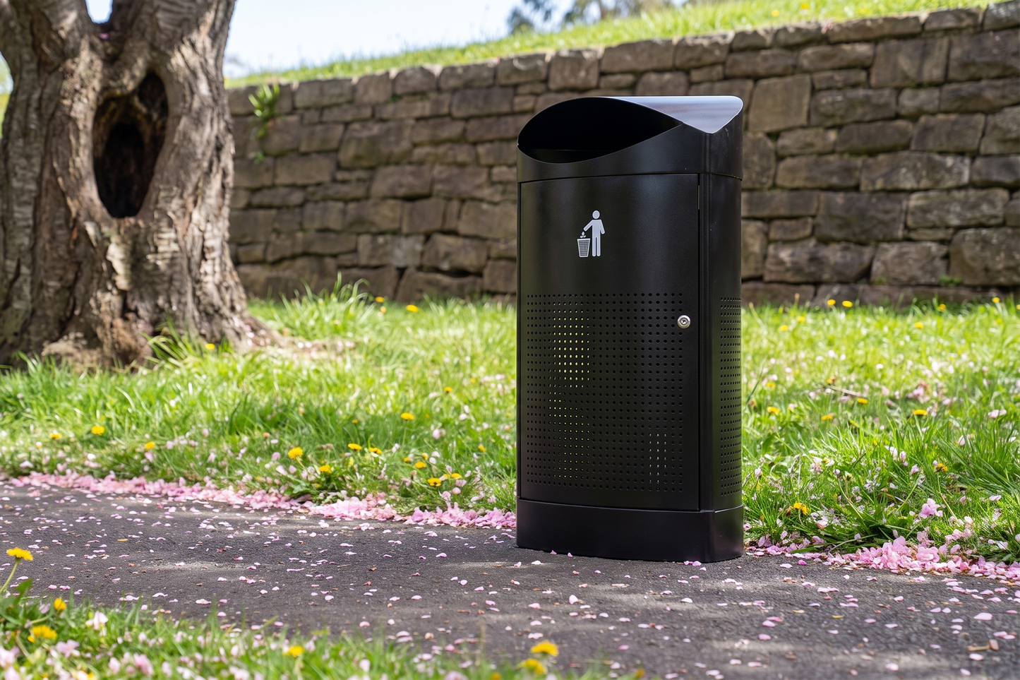 Outdoor Waste Bin - Rain Top 55lt - Powder Coated Black with Timber Slats
