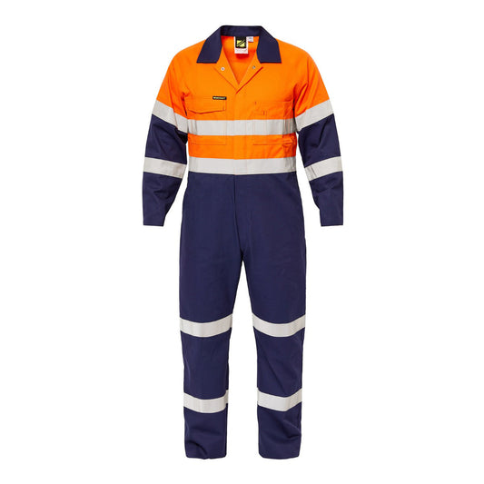 Workcraft WC3063L Mens Hi Vis Two Tone Cotton Drill Coveralls With Industrial Laundry Reflective Tape in Orange/Navy