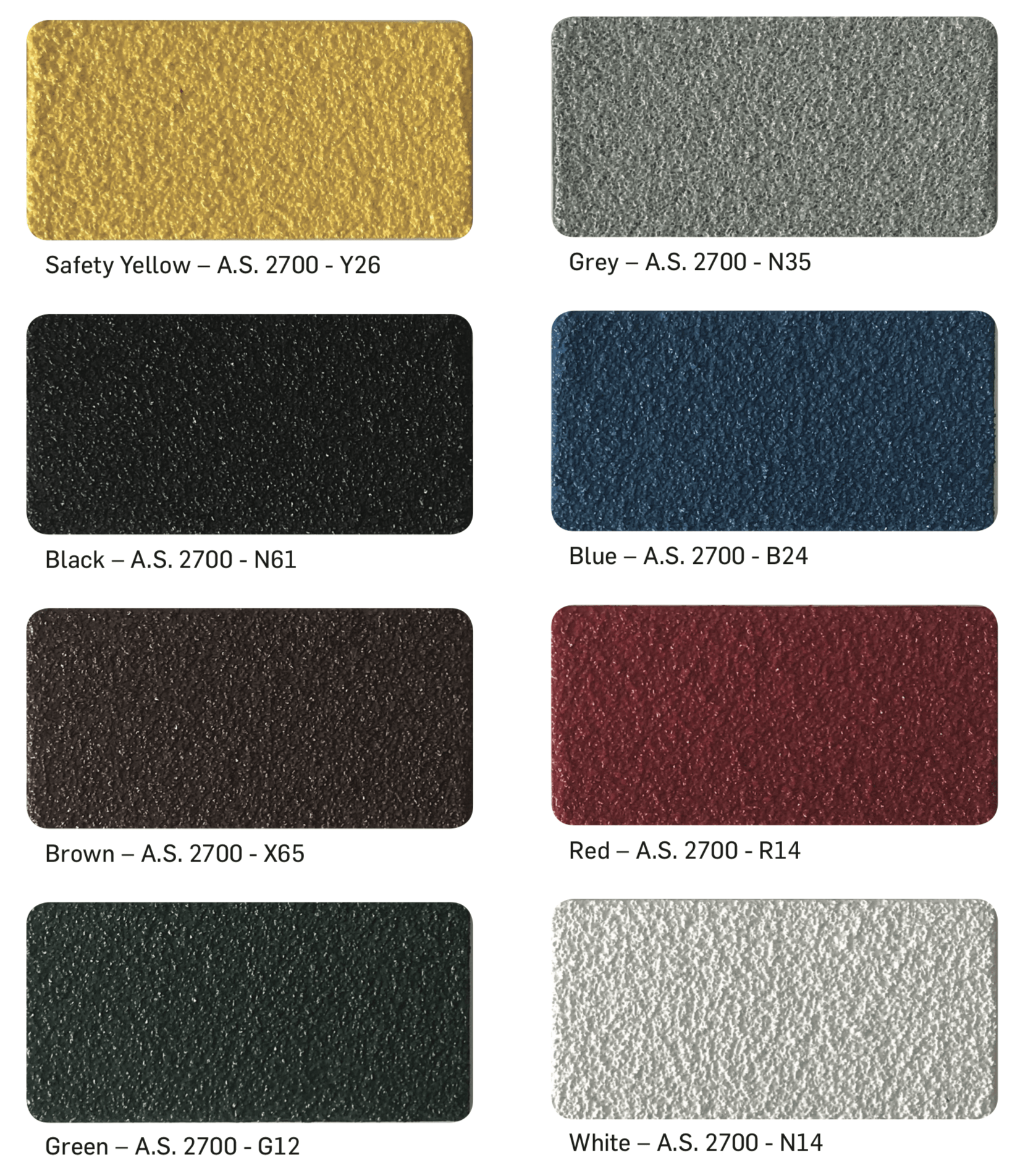 Available anti-slip surface colour samples: Safety Yellow, Grey, Black, Blue, Brown, Red, Green and White